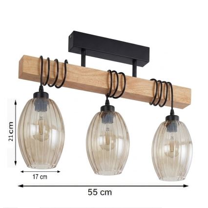 Brilagi - Przysufitowy żyrandol WOOD GLASS 3xE27/60W/230V sosna/czarny/dymny beż