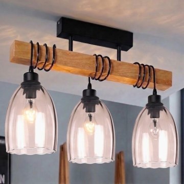 Brilagi - Przysufitowy żyrandol WOOD GLASS 3xE27/60W/230V sosna/czarny/przydymiony beżowy