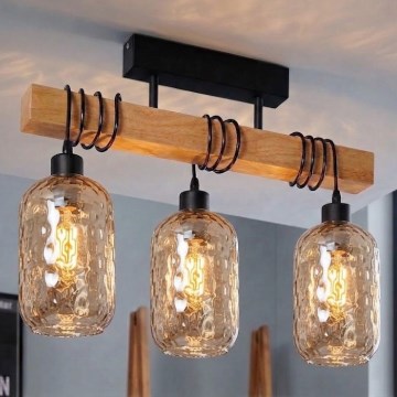 Brilagi - Przysufitowy żyrandol WOOD GLASS 3xE27/60W/230V sosna/czarny/przydymiony brąz