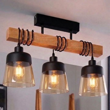 Brilagi - Przysufitowy żyrandol WOOD GLASS 3xE27/60W/230V sosna/czarny/przydymiony brąz