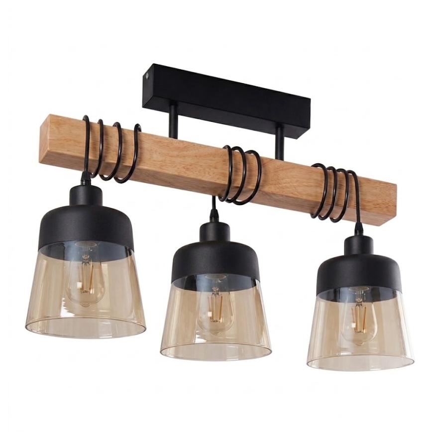 Brilagi - Przysufitowy żyrandol WOOD GLASS 3xE27/60W/230V sosna/czarny/przydymiony brąz