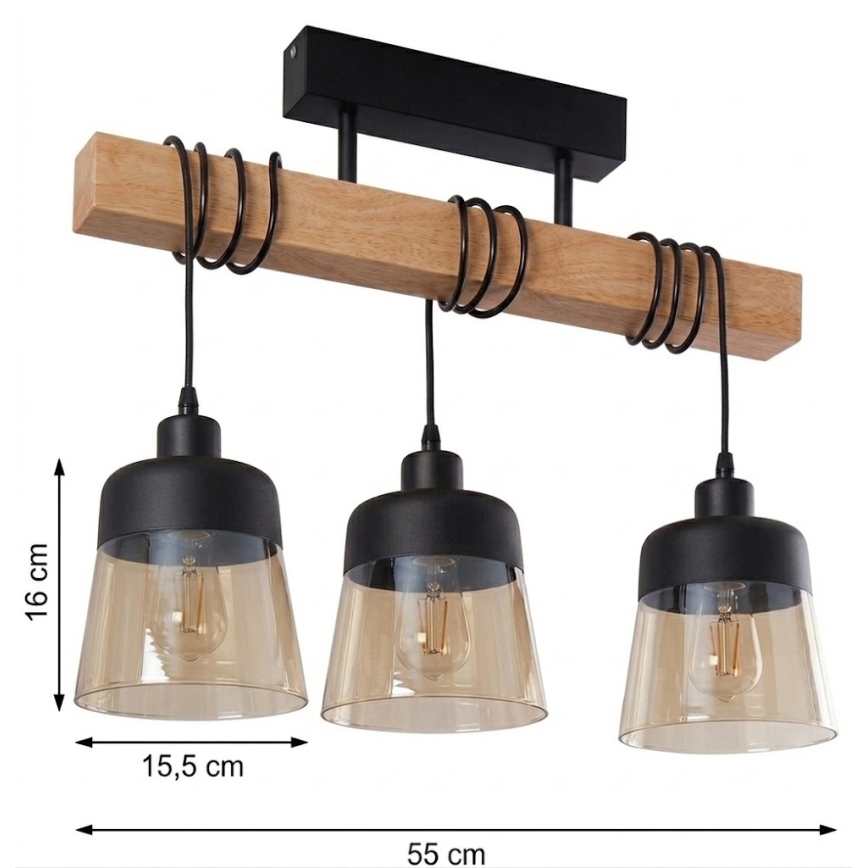 Brilagi - Przysufitowy żyrandol WOOD GLASS 3xE27/60W/230V sosna/czarny/przydymiony brąz