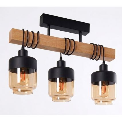 Brilagi - Przysufitowy żyrandol WOOD GLASS 3xE27/60W/230V sosna/czarny/przydymiony brąz