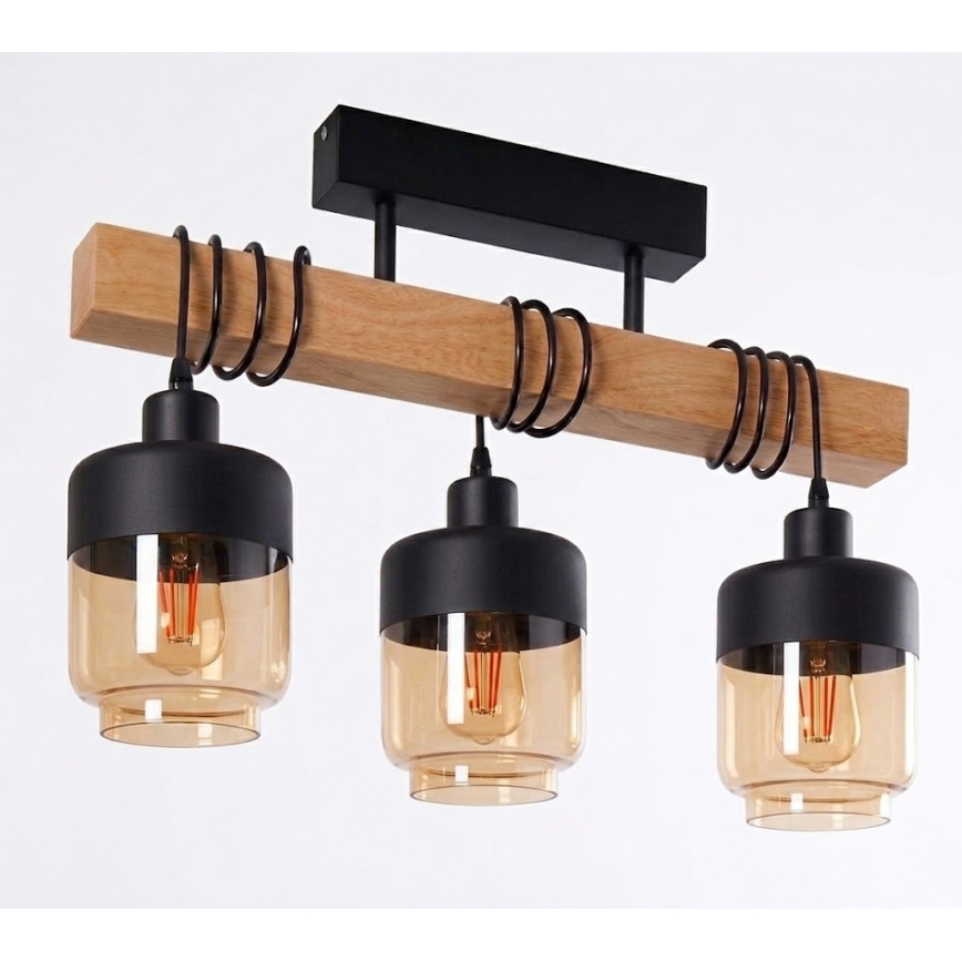 Brilagi - Przysufitowy żyrandol WOOD GLASS 3xE27/60W/230V sosna/czarny/przydymiony brąz