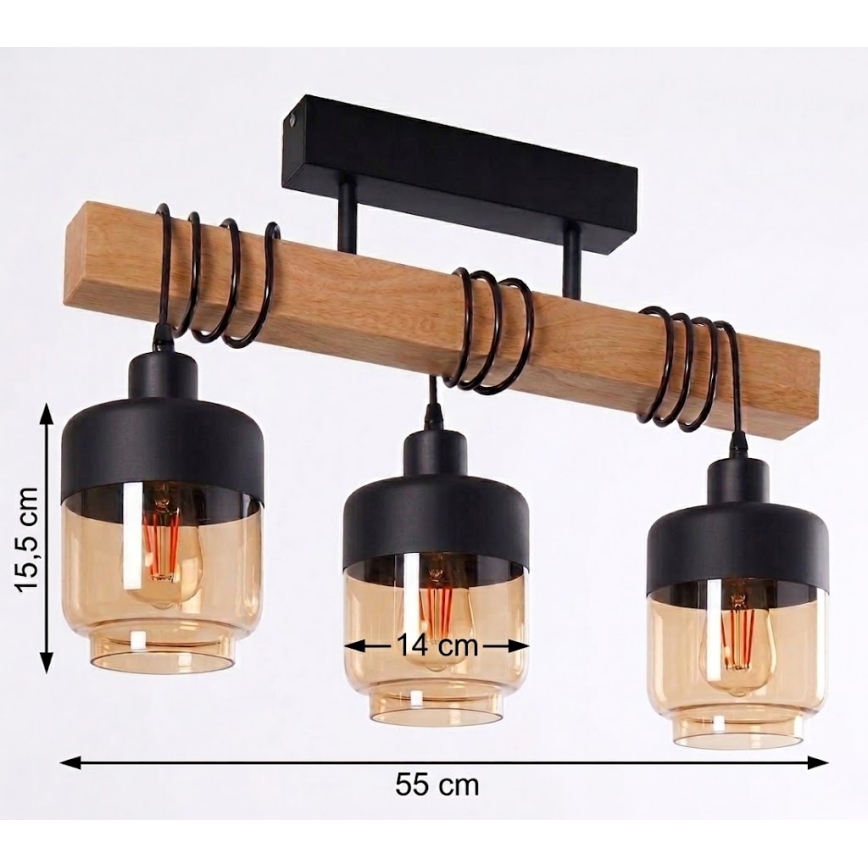 Brilagi - Przysufitowy żyrandol WOOD GLASS 3xE27/60W/230V sosna/czarny/przydymiony brąz
