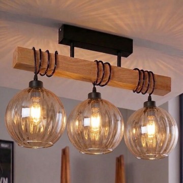 Brilagi - Przysufitowy żyrandol WOOD GLASS 3xE27/60W/230V sosna/czarny/przydymiony brąz