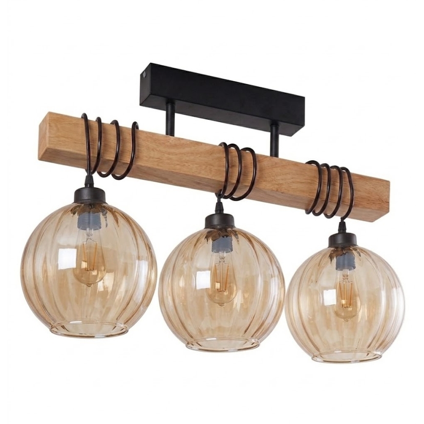 Brilagi - Przysufitowy żyrandol WOOD GLASS 3xE27/60W/230V sosna/czarny/przydymiony brąz