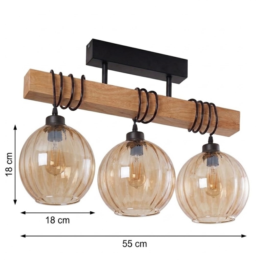 Brilagi - Przysufitowy żyrandol WOOD GLASS 3xE27/60W/230V sosna/czarny/przydymiony brąz