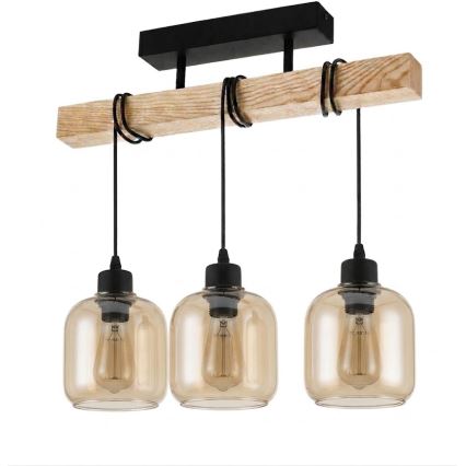 Brilagi - Przysufitowy żyrandol WOOD GLASS 3xE27/60W/230V sosna/czarny/dymny brąz