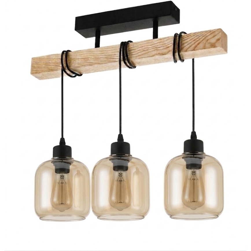 Brilagi - Przysufitowy żyrandol WOOD GLASS 3xE27/60W/230V sosna/czarny/dymny brąz