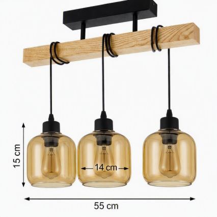 Brilagi - Przysufitowy żyrandol WOOD GLASS 3xE27/60W/230V sosna/czarny/dymny brąz