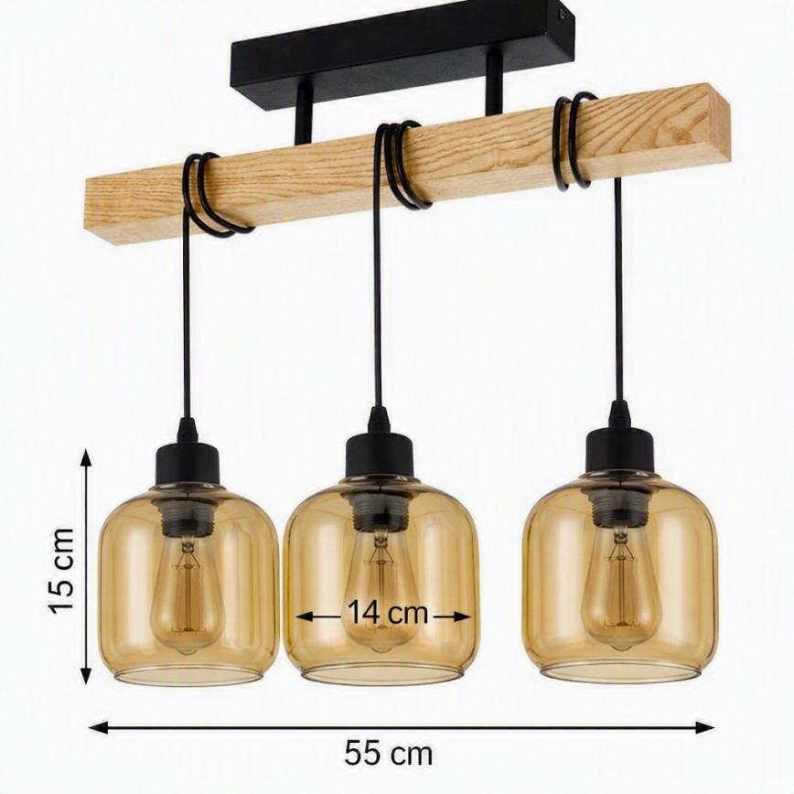 Brilagi - Przysufitowy żyrandol WOOD GLASS 3xE27/60W/230V sosna/czarny/dymny brąz