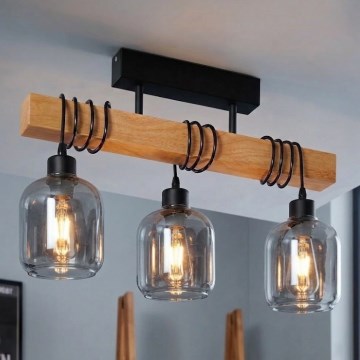 Brilagi - Przysufitowy żyrandol WOOD GLASS 3xE27/60W/230V sosna/czarny/przydymiony szary