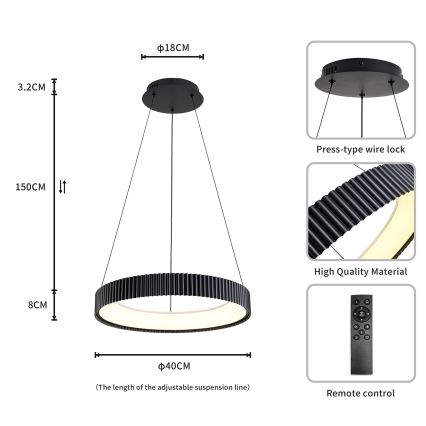Brilagi - ściemnialna lampa wisząca na lince FALCON MODERN LED/30W/230V 3000-6500K średnica 40 cm czarna + zdalne sterowanie