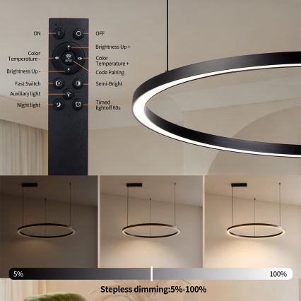 Brilagi - LED ściemnialny żyrandol na linkach PORTOFINO LED/60W/230V 3000-6000K śr. 80 cm czarny + zdalne sterowanie