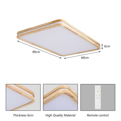 Brilagi - Ściemnialna lampa sufitowa LED MOLINA SQUARE LED/128W/230V 3000-6000K dąb 90x60 cm + pilot zdalnego sterowania