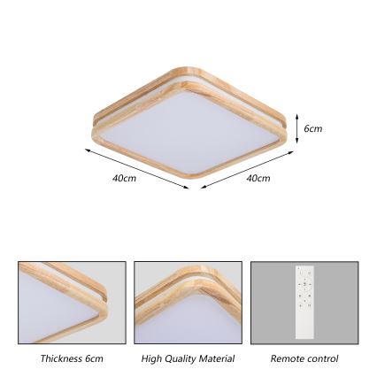 Brilagi - Ściemnialna lampa sufitowa MOLINA SQUARE LED/48W/230V 3000-6000K dąb 40x40 cm + zdalne sterowanie (pilot)