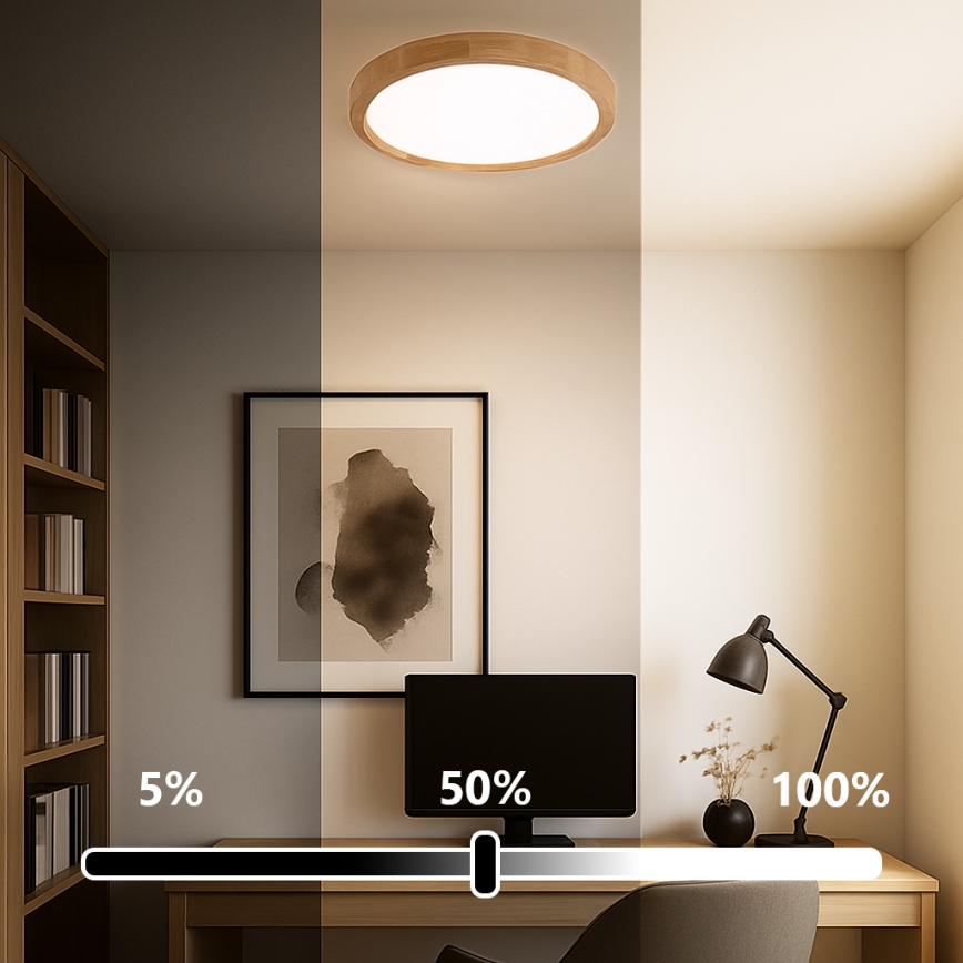 Brilagi - Oprawa sufitowa LED WOODROUND LED/30W/230V 3000-6000K śr. 40 cm, wykończenie drewno, CRI 90, ściemnialna + pilot zdalnego sterowania