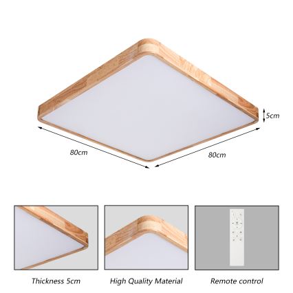 Brilagi - ściemnialna lampa sufitowa WOODLINE SQUARE LED/100W/230V 3000–6000K dąb 80x80 cm + pilot zdalnego sterowania