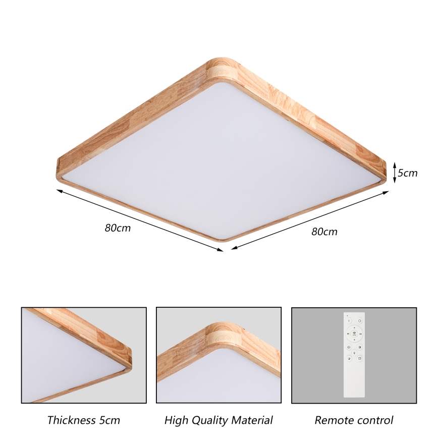 Brilagi - ściemnialna lampa sufitowa WOODLINE SQUARE LED/100W/230V 3000–6000K dąb 80x80 cm + pilot zdalnego sterowania