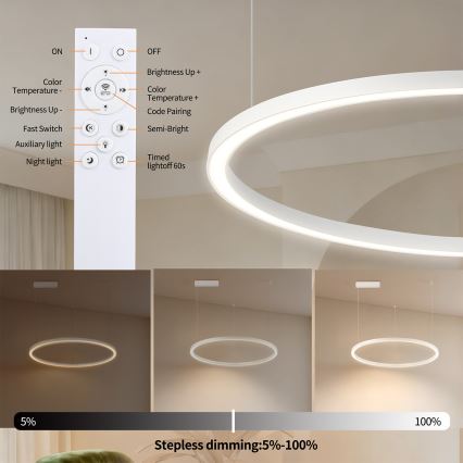 Brilagi - LED ściemnialny żyrandol wiszący na lince PORTOFINO LED/60W/230V 3000-6000K śr. 80 cm biały + pilot zdalnego sterowania