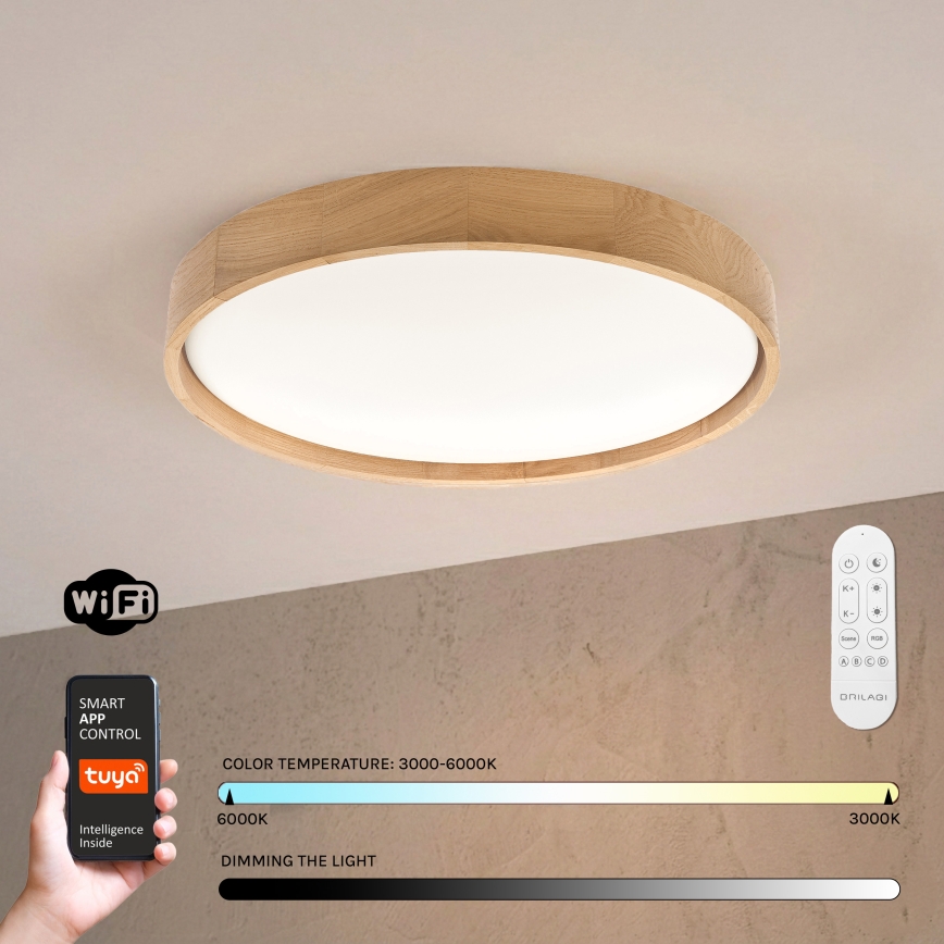Brilagi - ściemnialna lampa sufitowa MANAROLA SMART LED/36W/230V 3000–6000K Wi-Fi Tuya Beacon, średnica 51 cm, dąb + pilot zdalnego sterowania