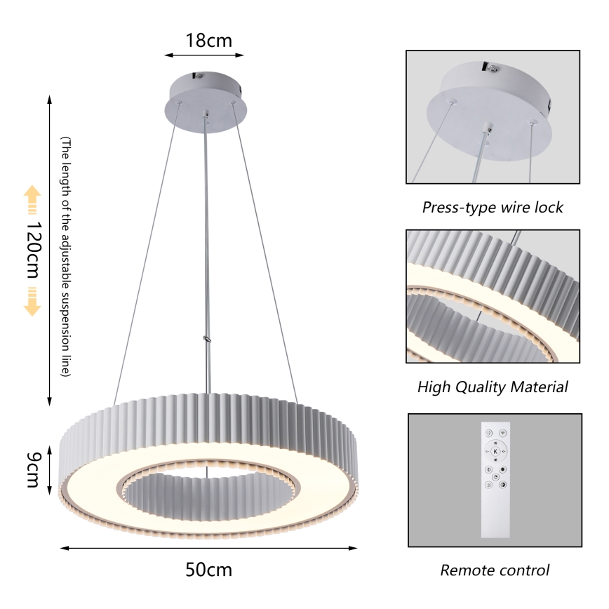 Brilagi - LUMIX żyrandol LED ściemnialny na przewodzie LED/48W/230V 3000–6000K biały Ø 50 cm + pilot zdalnego sterowania