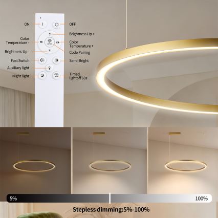 Brilagi - ściemnialny żyrandol na lince PORTOFINO LED/60W/230V 3000-6000K Ø 80 cm złoty + pilot zdalnego sterowania