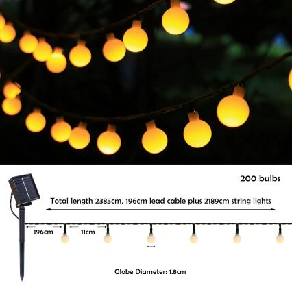 Brilagi - Solarny łańcuch dekoracyjny LED BUBBLE, 200 diod LED, 8 trybów, 20 m, IP65, ciepła biała, 800 mAh