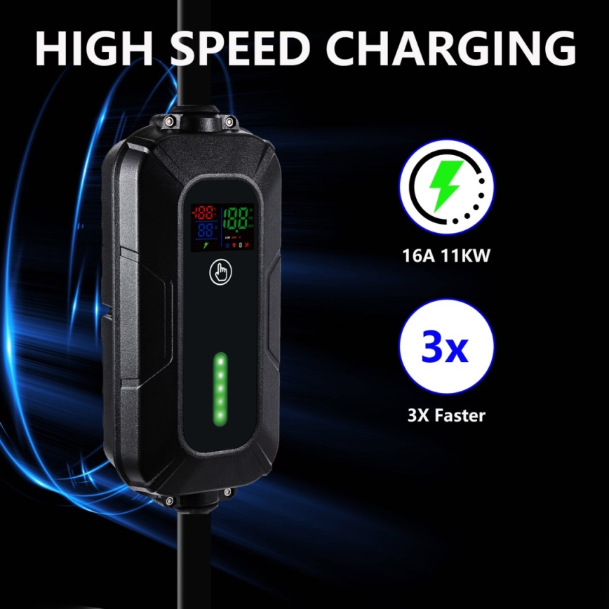 Brilagi - Podróżna stacja ładowania pojazdów elektrycznych do samochodów elektrycznych FAST AC Typ 2 16A/380V 11kW + wtyczka 230V, 3,7kW 5m + pokrowiec