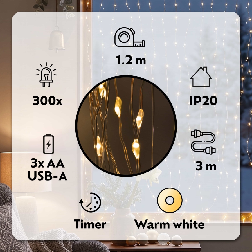 BRILAGI - Świąteczna kurtyna 300 diod LED/8 funkcji/3xAA/USB 1,2 m, ciepła biel