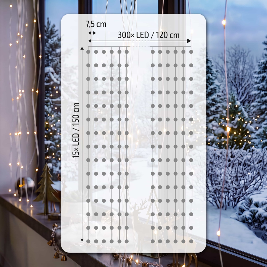 BRILAGI - Świąteczna kurtyna 300 diod LED/8 funkcji/3xAA/USB 1,2 m, ciepła biel