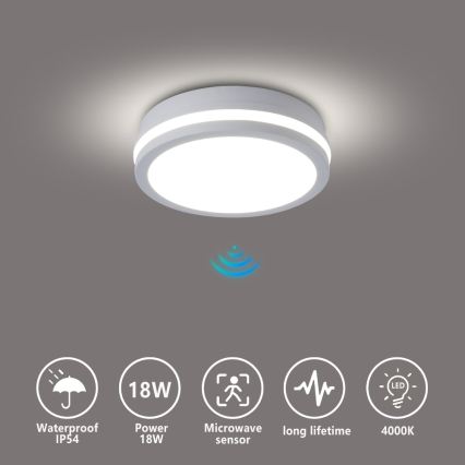 Brilagi - LED zewnętrzny plafon z czujnikiem BENE LED/18W/230V śr. 21,5 cm biały IP54