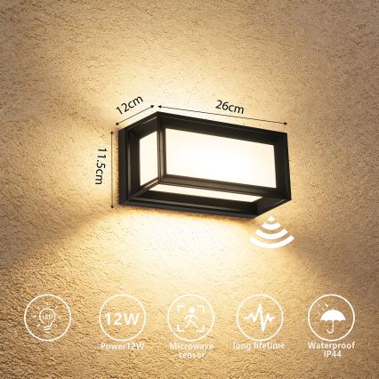Brilagi - Zewnętrzny kinkiet LED z czujnikiem PARKER LED/12W/230V czarny IP44