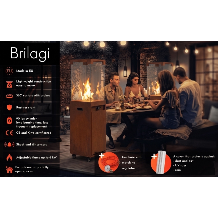 BRILAGI - Zewnętrzny kominek gazowy FLARO GAS 142x36 cm 8kW 1xAAA rdzawy/brązowy + pokrowiec ochronny