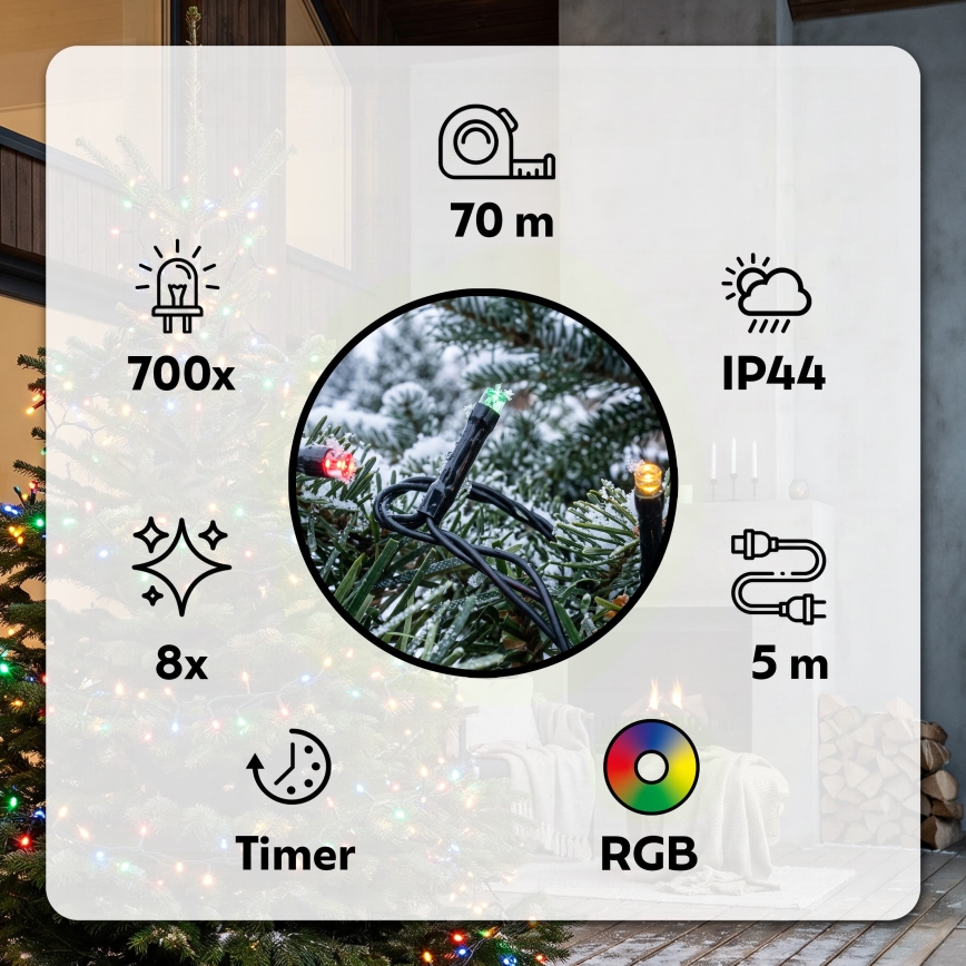BRILAGI - Zewnętrzny łańcuch świąteczny 700 diod LED/8 funkcji, 75 m, IP44, wielokolorowy