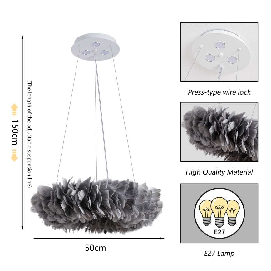 Brilagi - Żyrandol LED na lince FEATHER 3xE27/40W/230V + 3xLED/3W Ø 50 cm szary