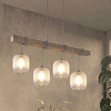 BRILAGI - Żyrandol na lince WOOD GLASS 4xE27/60W/230V sosna/szary/biały