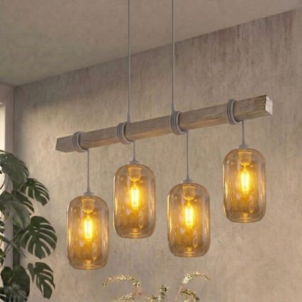 BRILAGI - Żyrandol na przewodzie WOOD GLASS 4xE27/60W/230V sosna/szary/dymny szary