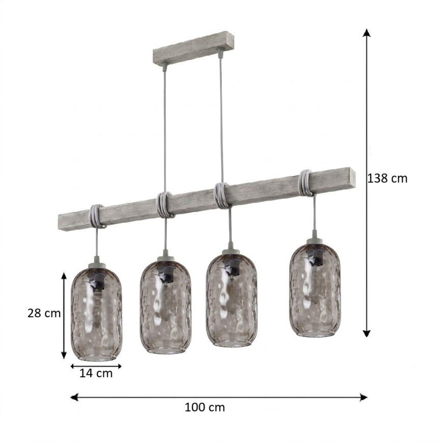 BRILAGI - Żyrandol na przewodzie WOOD GLASS 4xE27/60W/230V sosna/szary/dymny szary