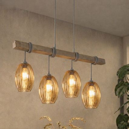 BRILAGI - Lampa wisząca na lince WOOD GLASS 4xE27/60W/230V sosna/szary/przydymiony brąz