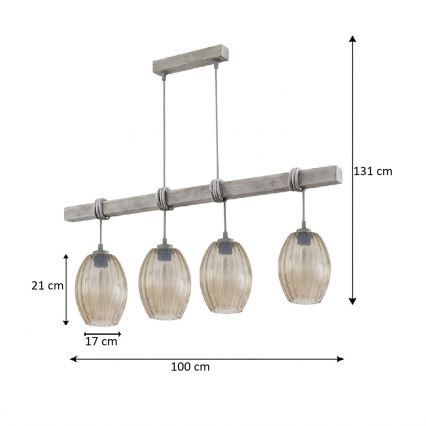 BRILAGI - Lampa wisząca na lince WOOD GLASS 4xE27/60W/230V sosna/szary/przydymiony brąz