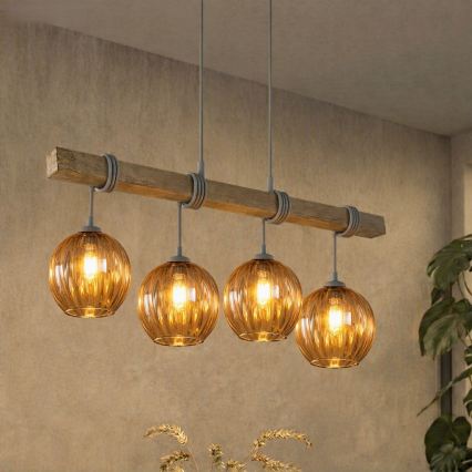BRILAGI - Żyrandol na linkach WOOD GLASS 4xE27/60W/230V sosna/szary/dymny brąz