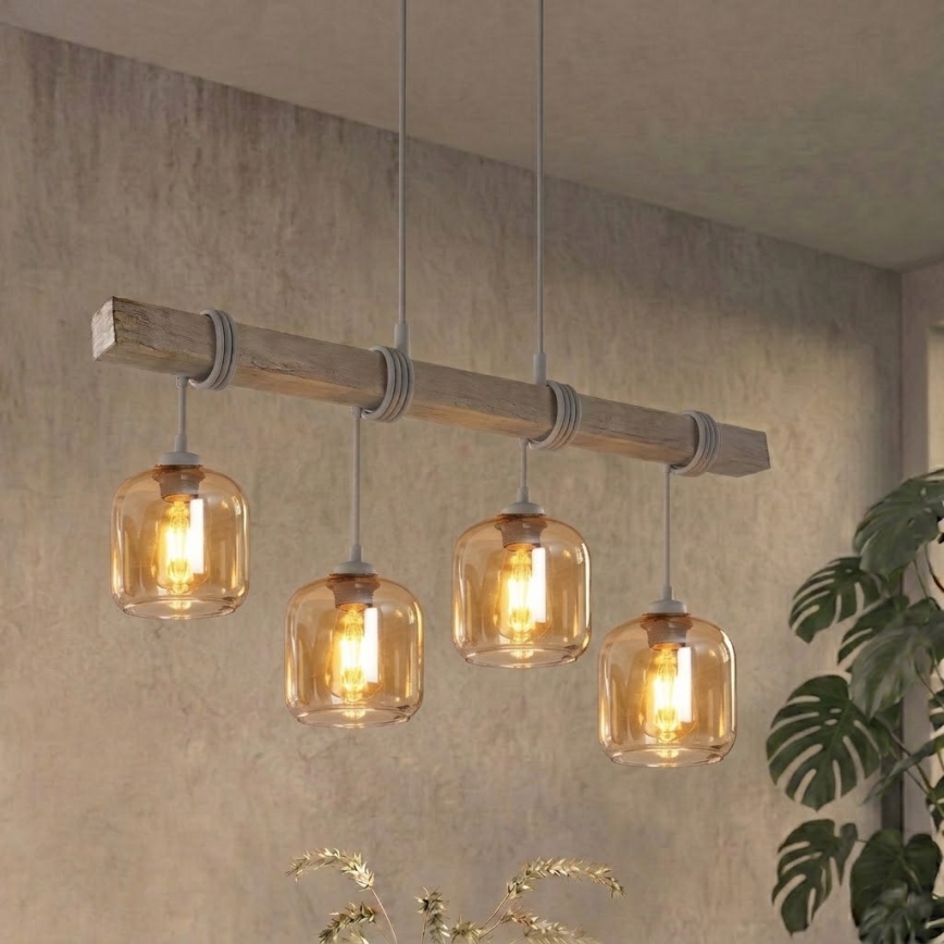 BRILAGI - Lampa wisząca na lince WOOD GLASS 4xE27/60W/230V sosna/szary/przydymiony brąz
