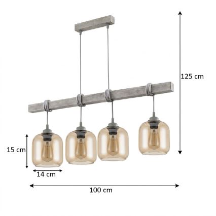 BRILAGI - Lampa wisząca na lince WOOD GLASS 4xE27/60W/230V sosna/szary/przydymiony brąz