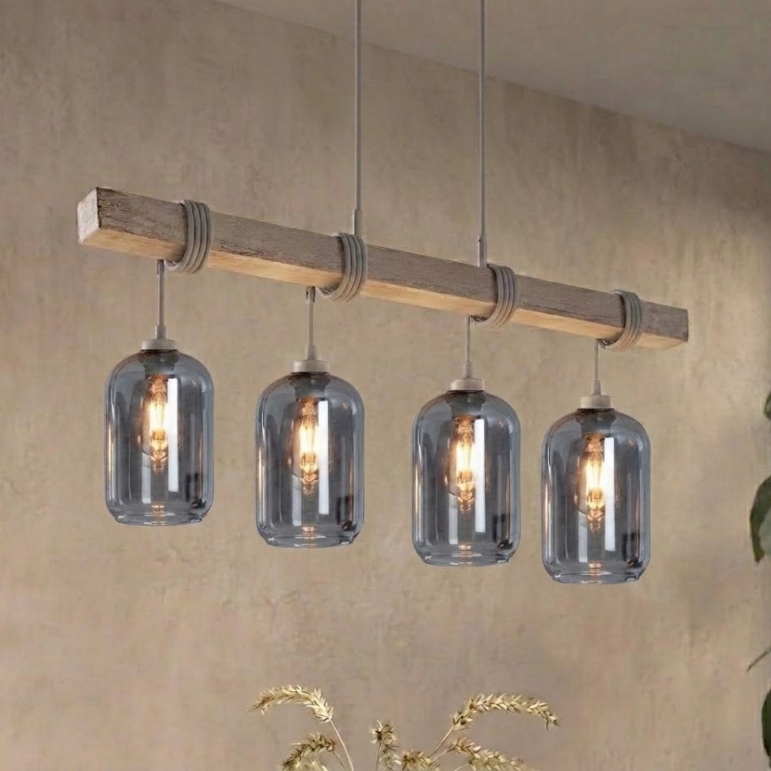BRILAGI - Żyrandol na lince WOOD GLASS 4xE27/60W/230V sosna/szary/przydymiony szary