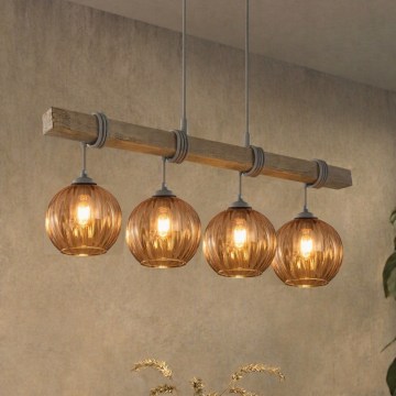 BRILAGI - Żyrandol na linkach WOOD GLASS 4xE27/60W/230V sosna/szary/dymny brąz