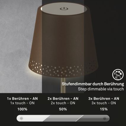 Brilo - LED ściemnialna ładowalna dotykowa zewnętrzna lampa stołowa KIKI LED/2,6W/5V IP44 2600 mAh brązowa