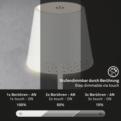 Brilo - ściemniana ładowalna dotykowa zewnętrzna lampa stołowa KIKI LED/2,6W/5V IP44 2600 mAh biała