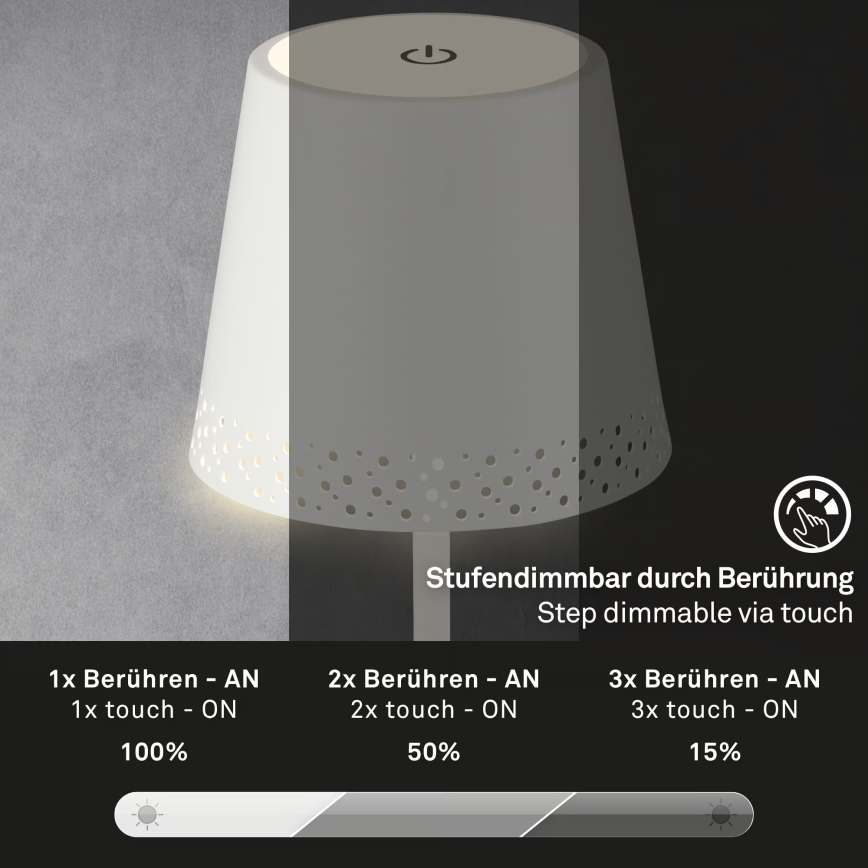 Brilo - ściemniana ładowalna dotykowa zewnętrzna lampa stołowa KIKI LED/2,6W/5V IP44 2600 mAh biała